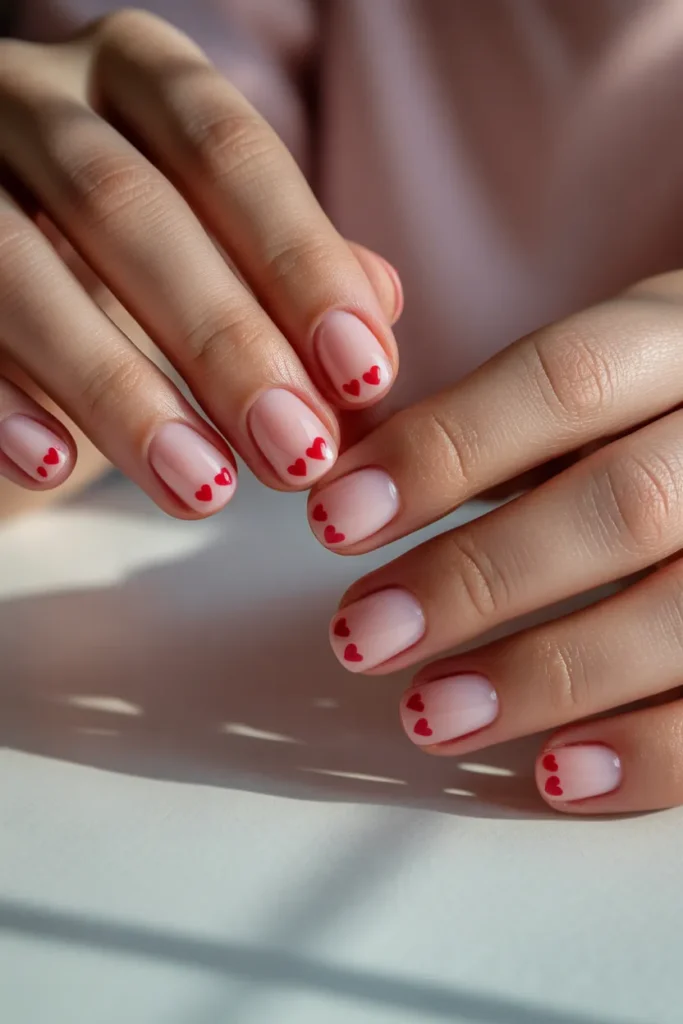 short pink nails with tiny red heart