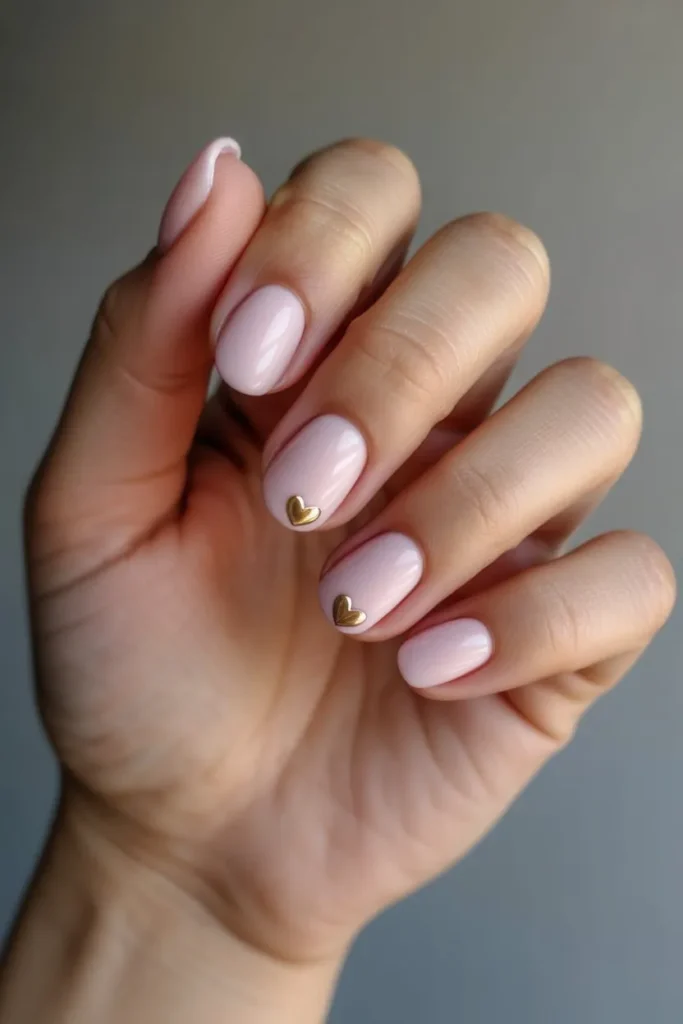 Short baby pink nails with small gold heart