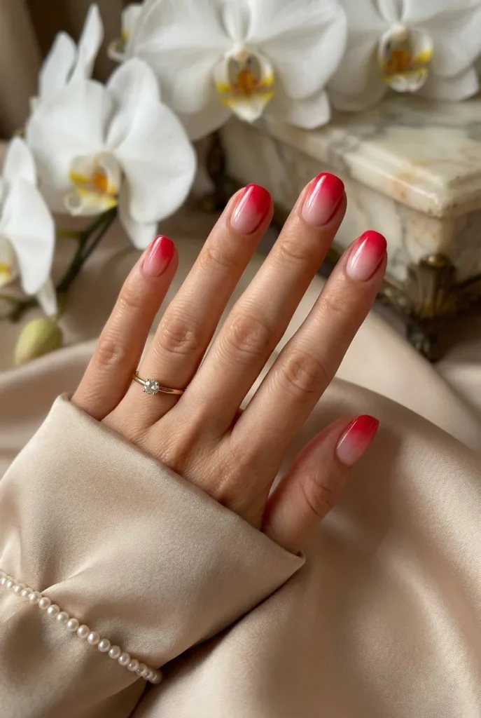 Short nails with pink to red ombre gradient