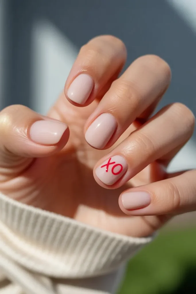 Short neutral nails with one accent nail showing red XO or LOVE letters