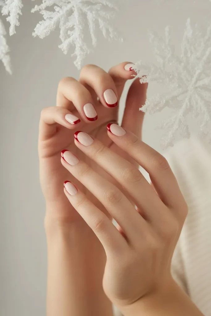 Short nude nails with red French tips