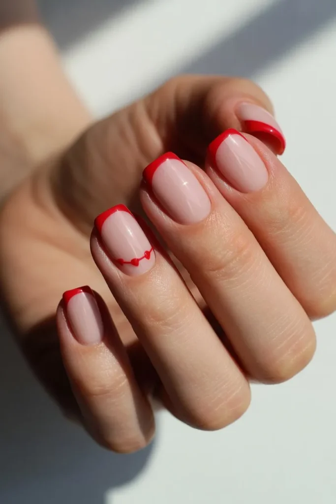 Short nude nails with red French tip