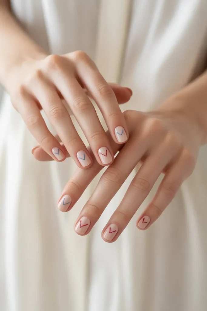 Short nude or pink nails with minimal blue or red line heart nail art