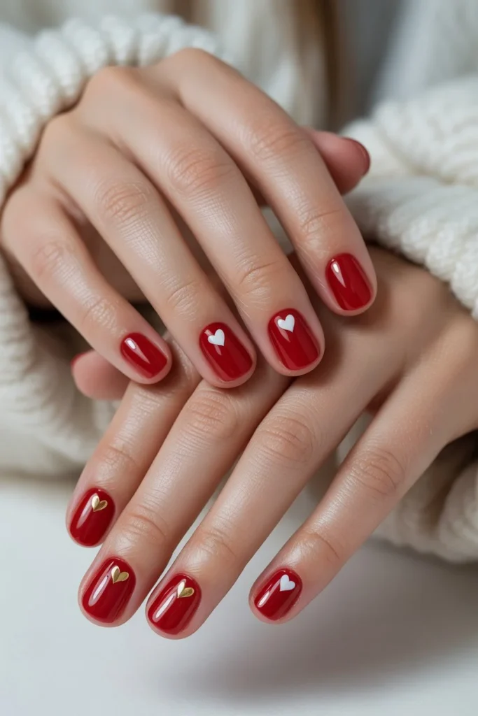 Short red nails with minimal heart nail art