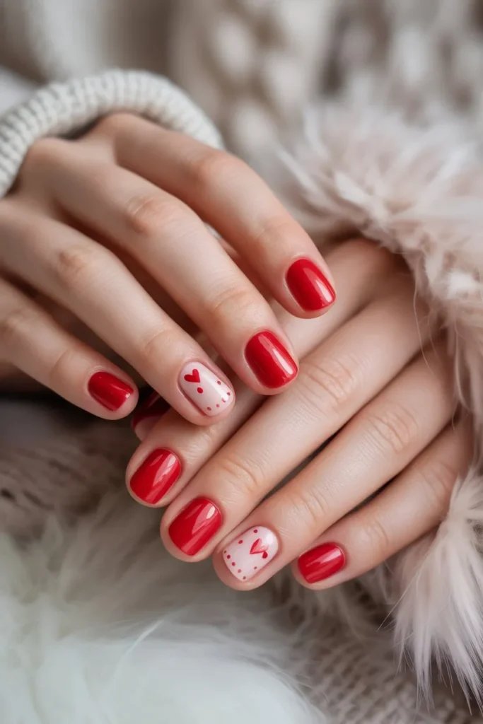 Short red nails with tiny white heart or polka dot accents