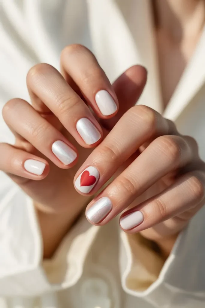 Short white nails with a single red heart