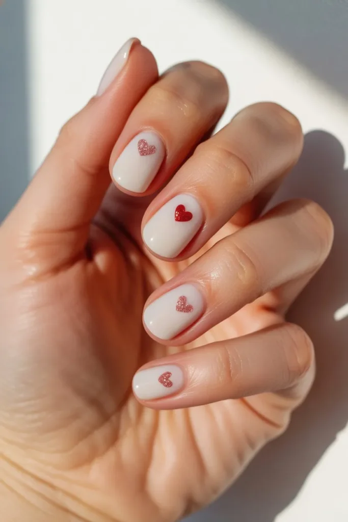 Short white nails with tiny red or pink glitter heart