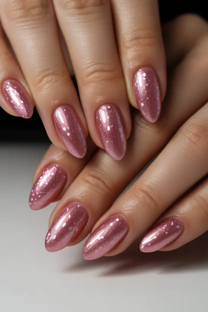  Almond-shaped nails with full pink glitter and a glossy top coat