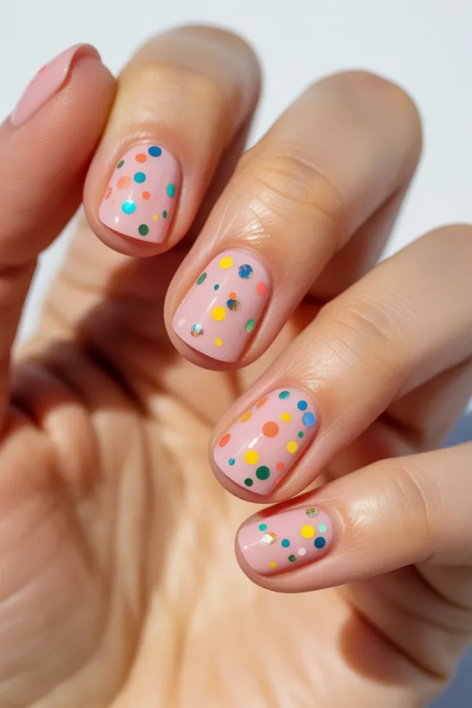 Baby pink nails with colorful confetti glitter scattered across each nail