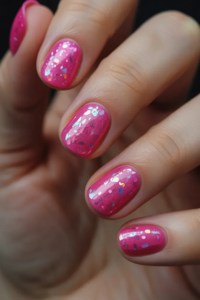 Bright neon pink nails with chunky glitter