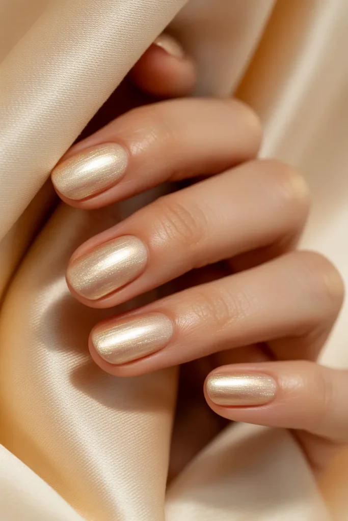 Champagne-toned nails, shimmer finish