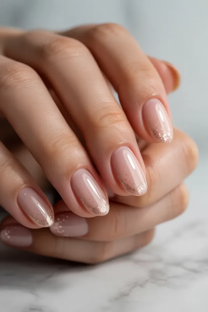 Clear nails with delicate pink glitter concentrated at the tips