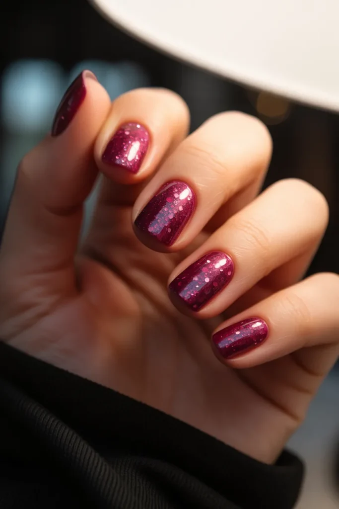 Deep dark pink glitter nails with rich, shimmering texture