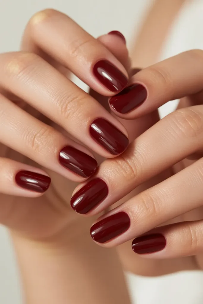 Deep muted red nails, glossy finish