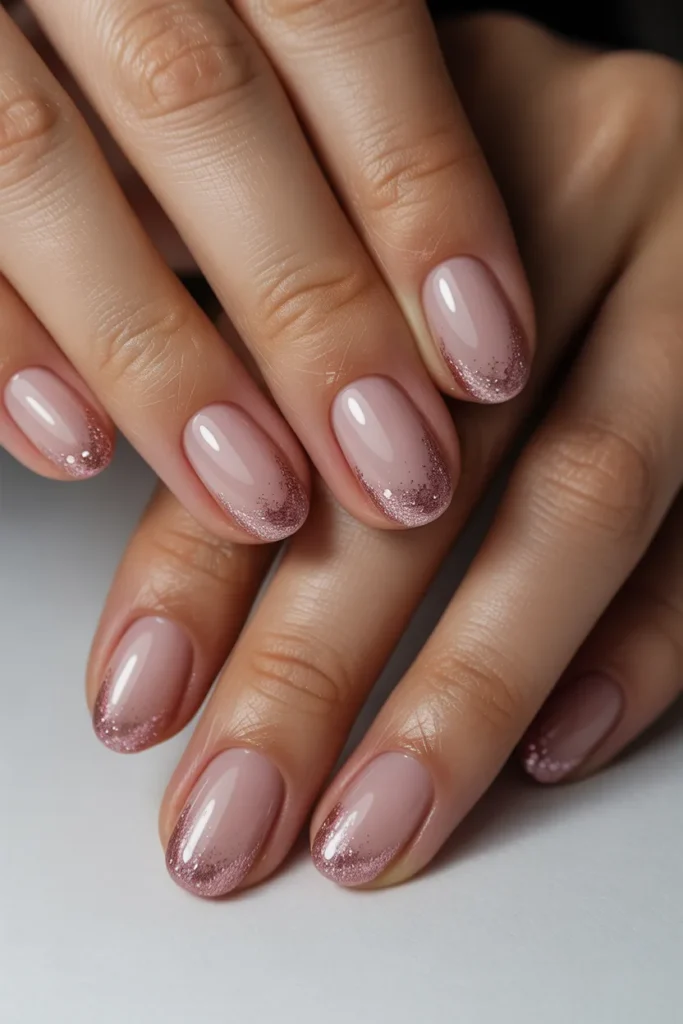 French ombre nails with pink glitter fading from tips