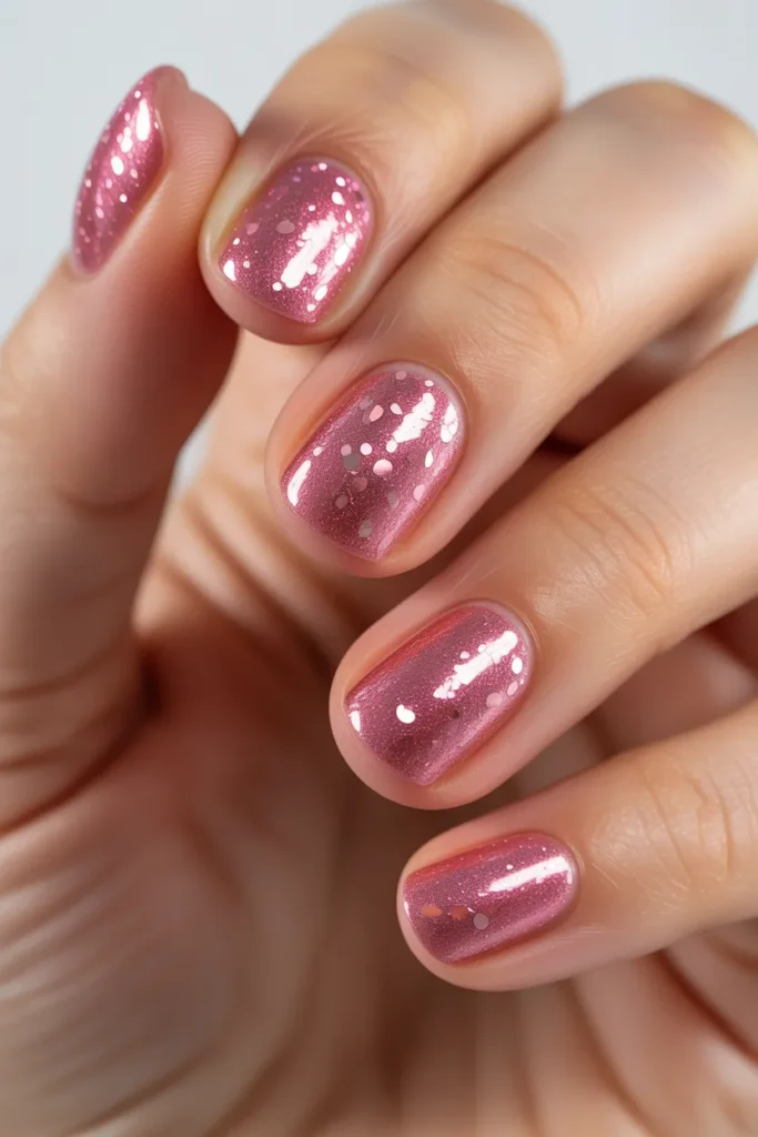  Full coverage pink glitter nails with high shine
