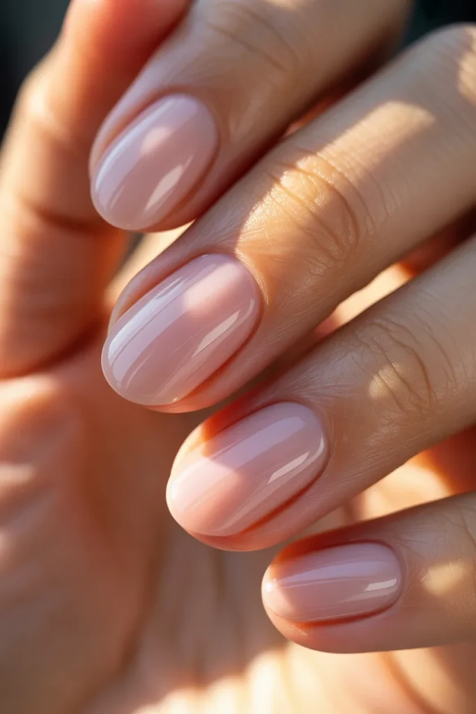 Glossy sheer pink nails, oval shape