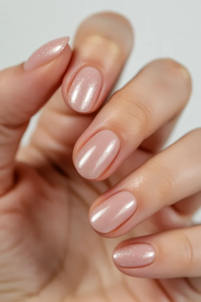 Light pink nails with a soft glitter gradient starting from the base