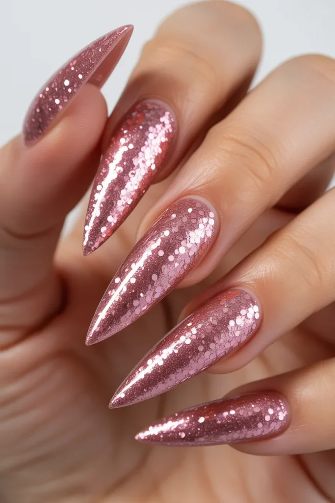 Long stiletto nails fully covered in pink gliter