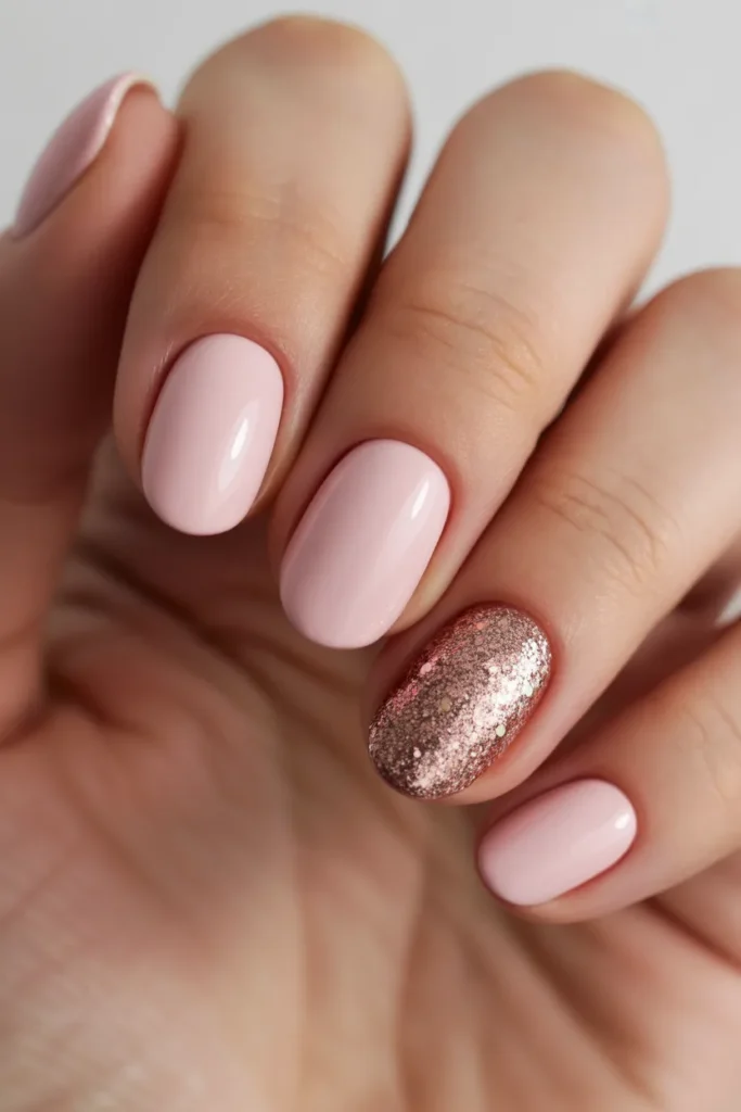 Matte pastel pink nails with two glitter accent nails in rose gold sparkle