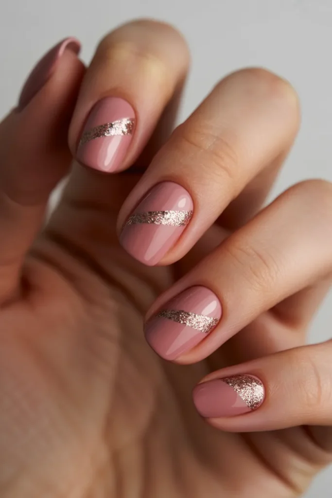 Matte pink nails with glitter accent stripes