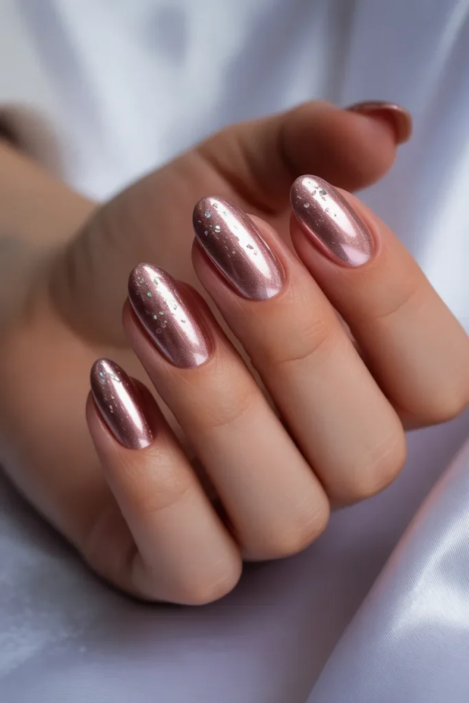 Metallic pink chrome nails with a subtle glitter dust overlay