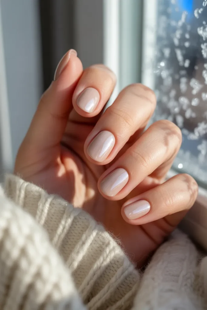 Nude nails with light chrome sheen