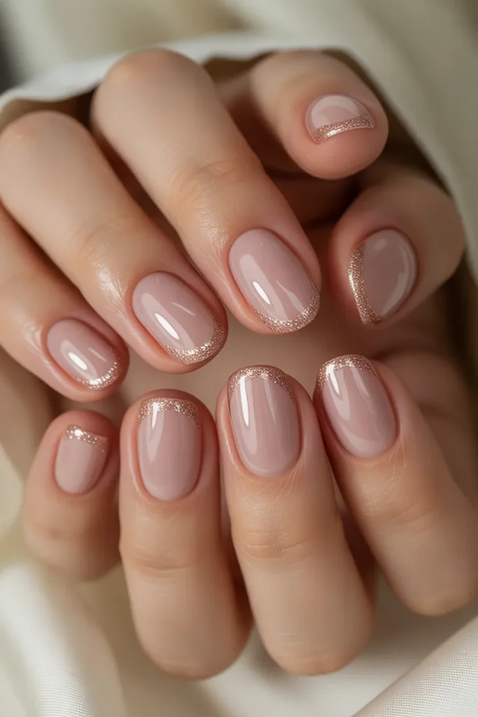 Nude nails with pink glitter French tips, glossy and chic