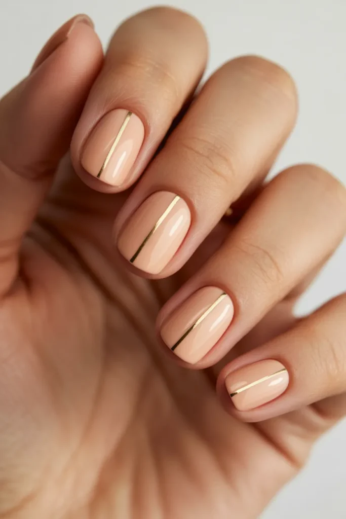 Nude nails with thin gold stripe detail