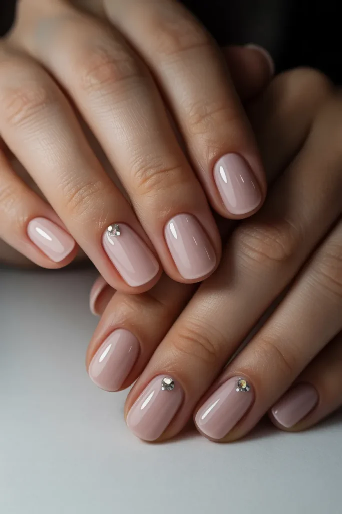 Nude nails with tiny rhinestone accent