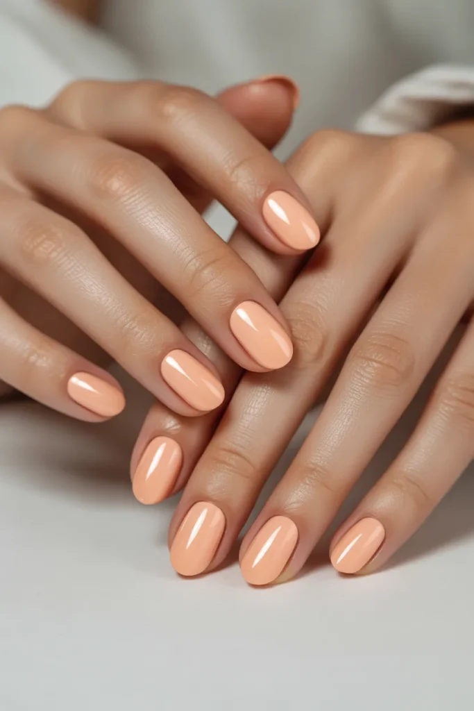Pale peach nails, glossy finish
