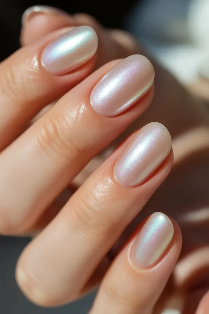 Pearl shimmer nails, soft glow