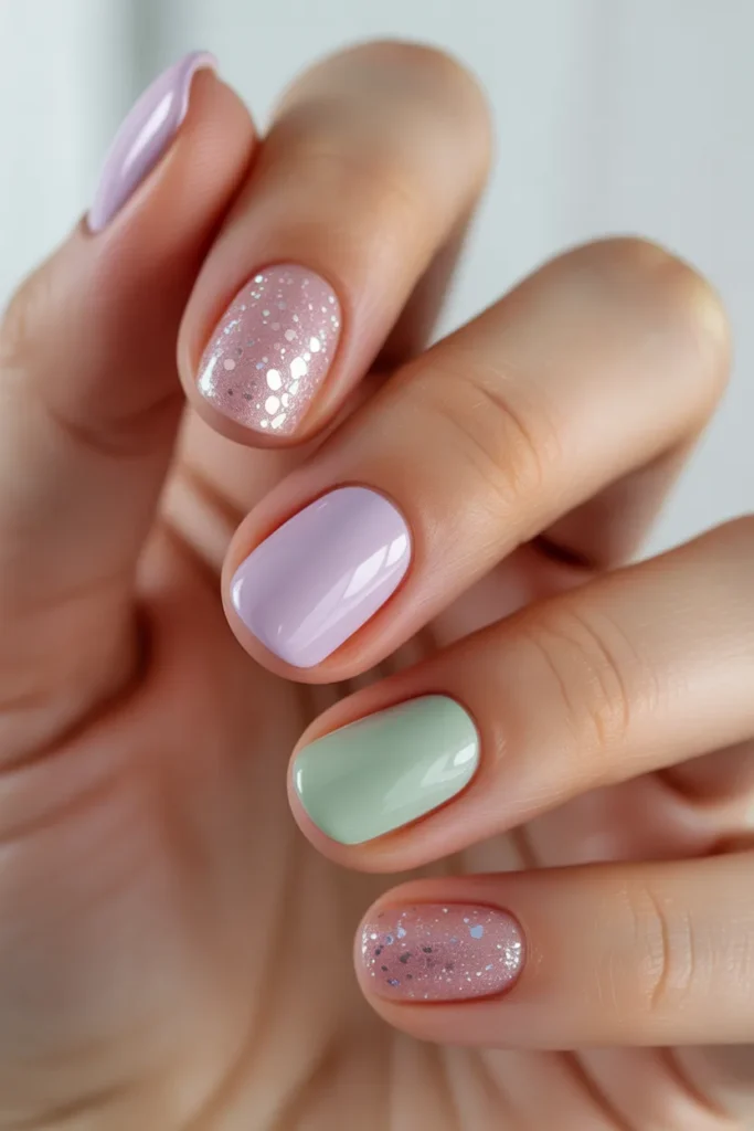 Pink glitter nails combined with pastel shades like lavender