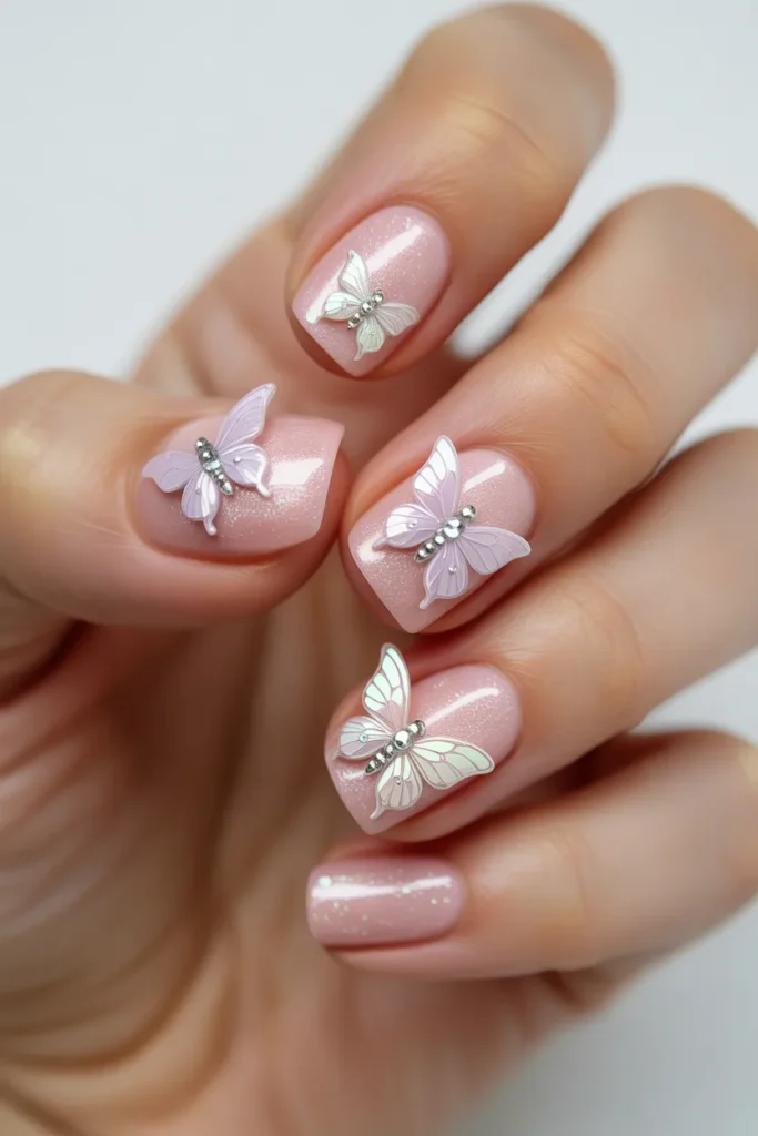 Pink glitter nails decorated with delicate butterfly designs