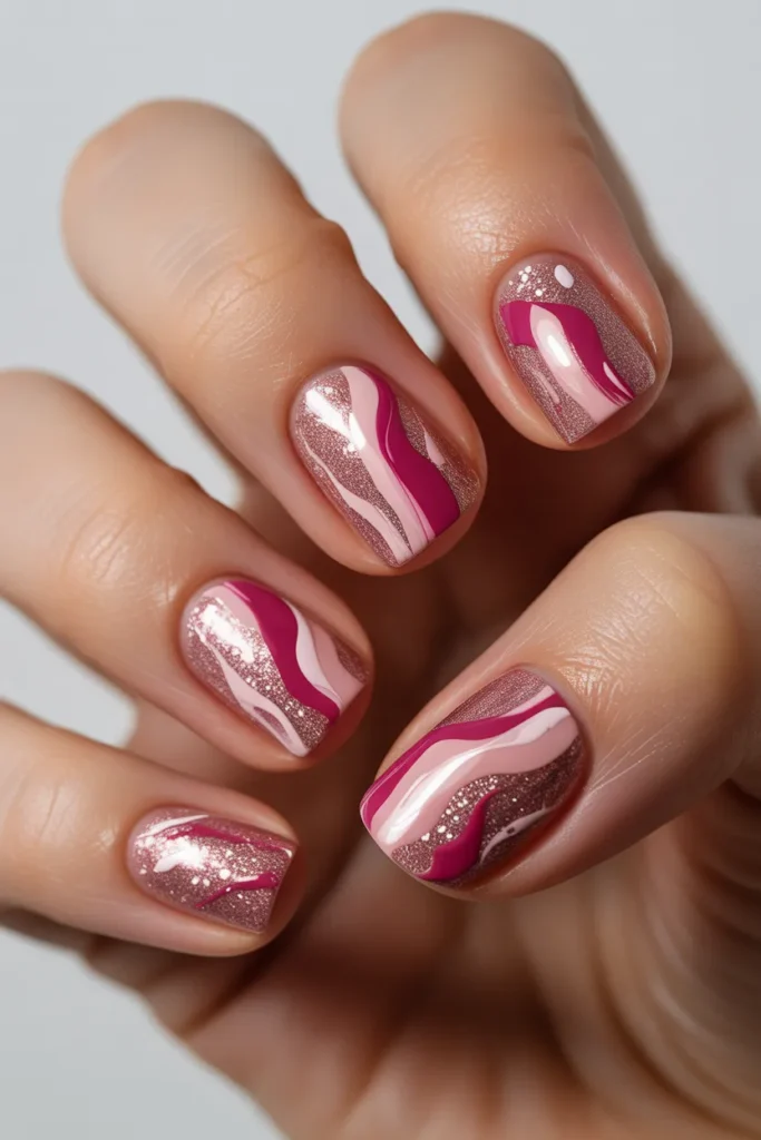 Pink glitter nails with abstract brush strokes