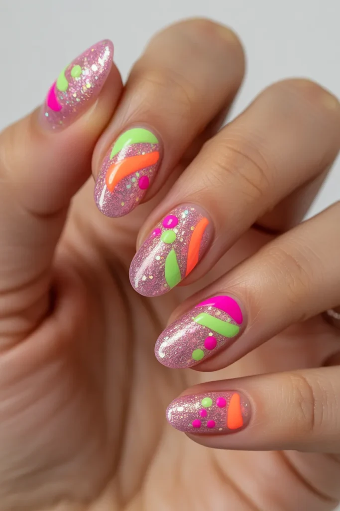 Pink glitter nails with bright neon accents
