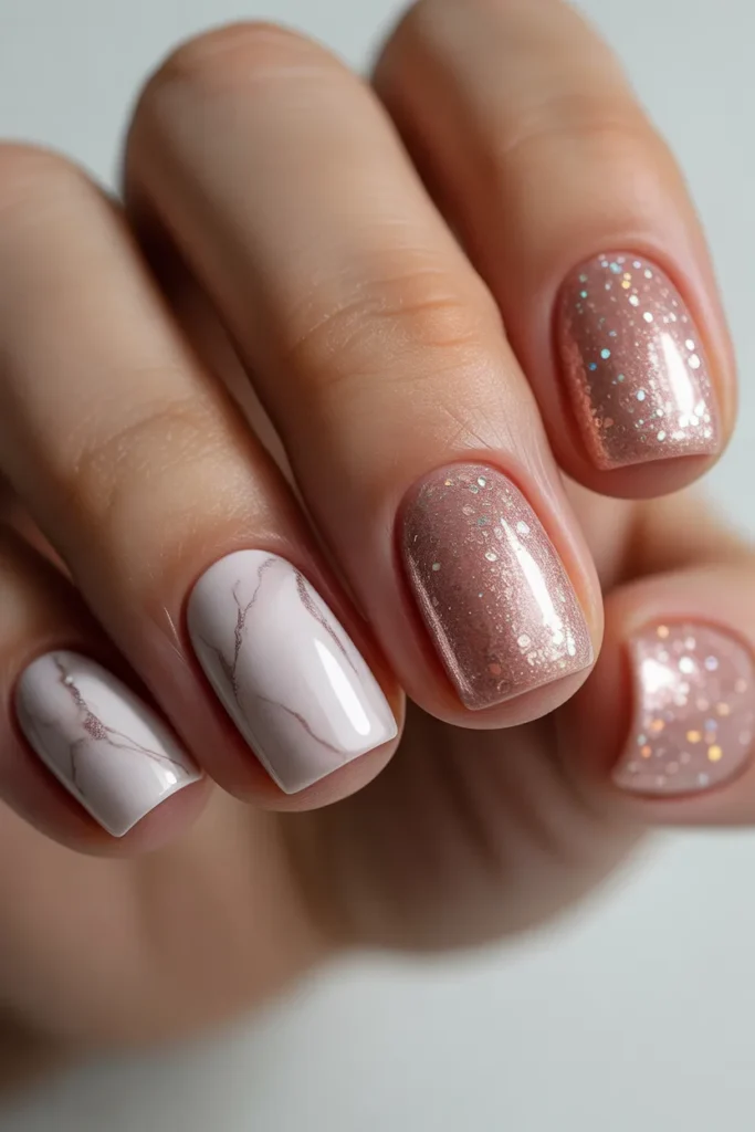 Pink glitter nails with elegant white marble patterns on accent nails
