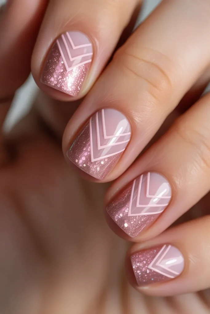 Pink glitter nails with geometric negative space patterns