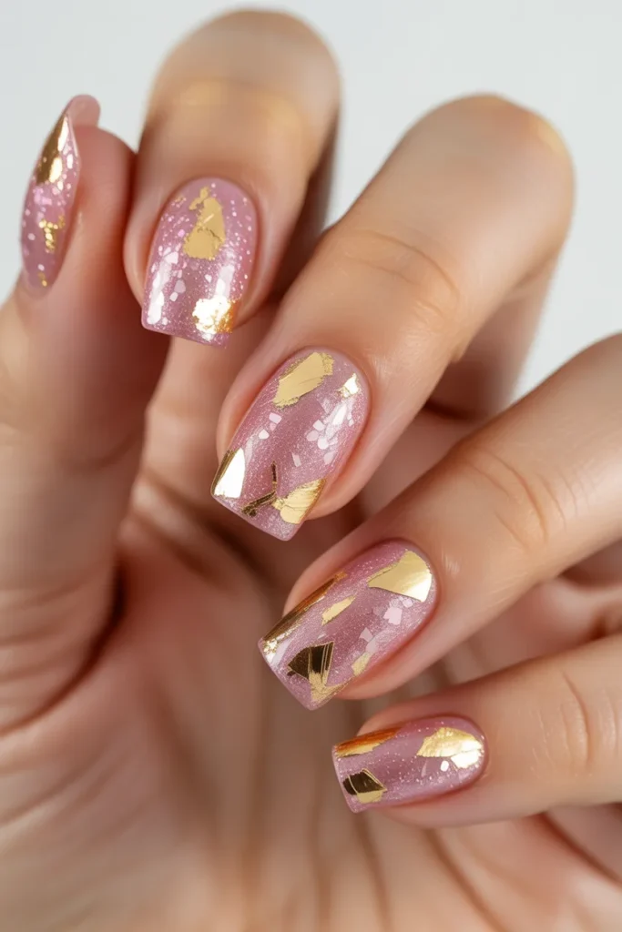 Pink glitter nails with gold foil flakes scattered across each nail