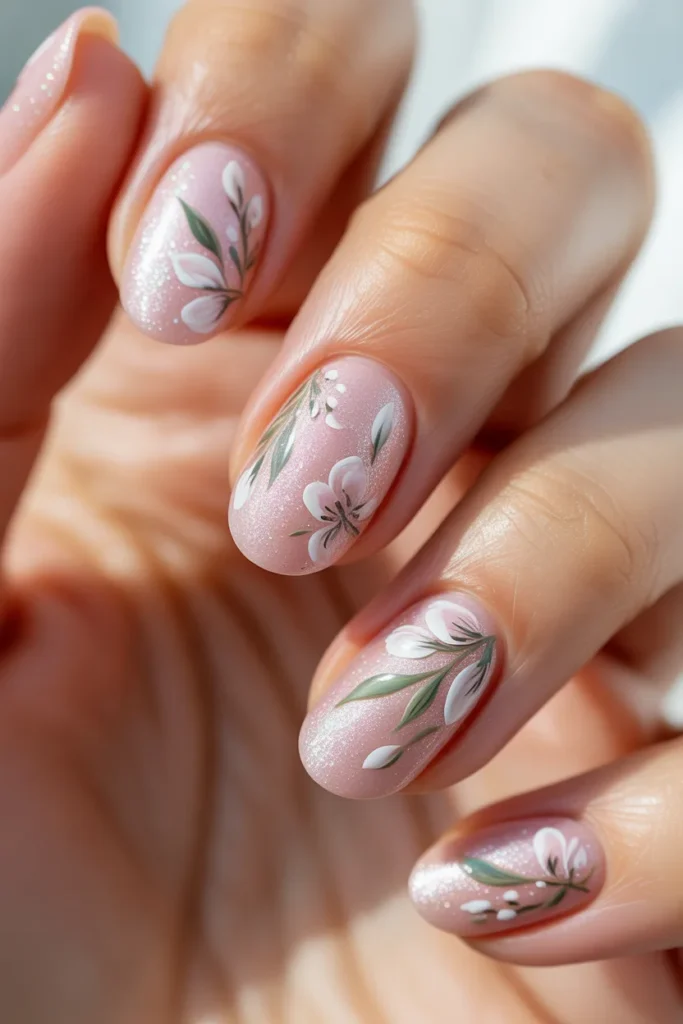 Pink glitter nails with hand-painted delicate floral designs