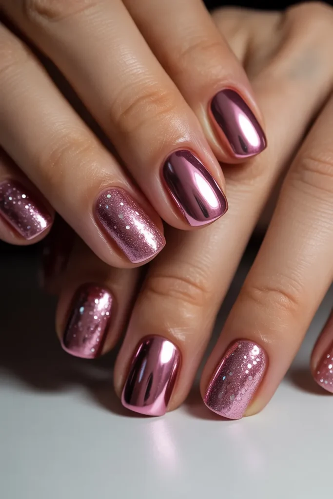 Pink glitter nails with shiny chrome tips