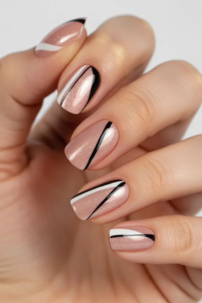 Pink glitter nails with sleek diagonal lines