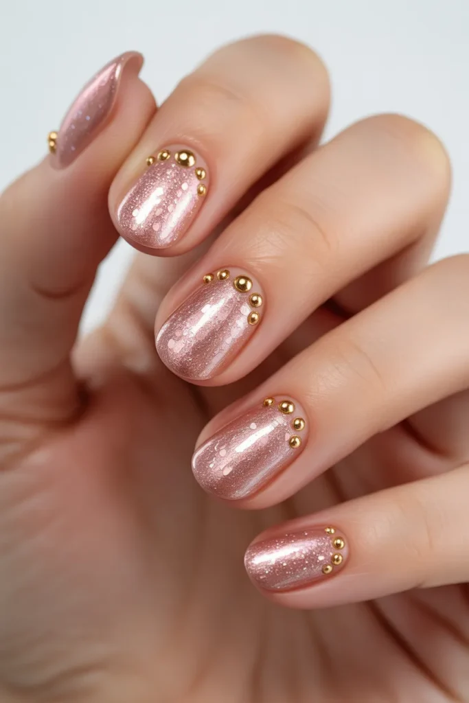 Pink glitter nails with small gold studs