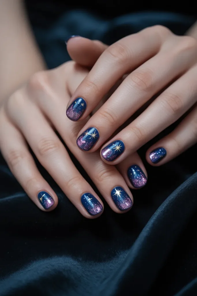 Pink glitter nails with tiny star embellishments