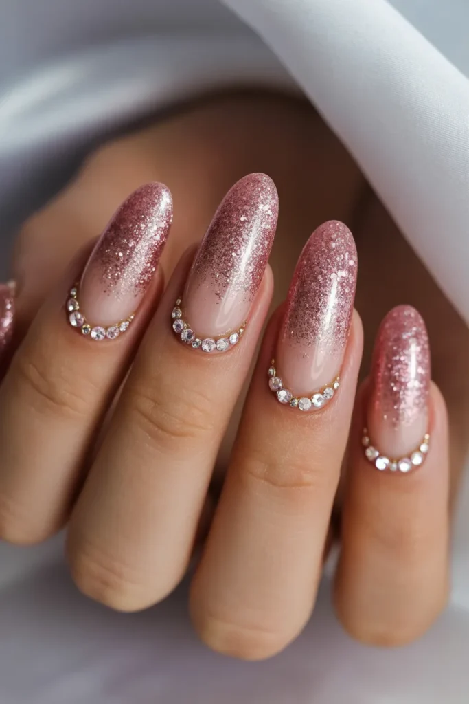 Pink glitter ombre nails with rhinestones near the cuticle, luxurious nail art
