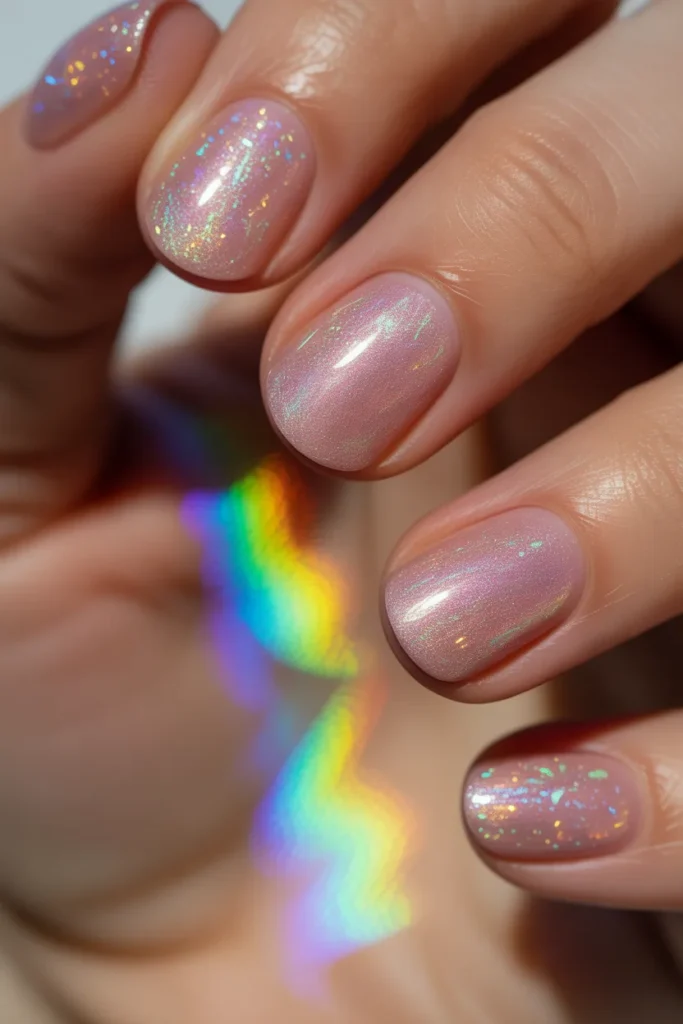 Pink holographic glitter nails reflecting