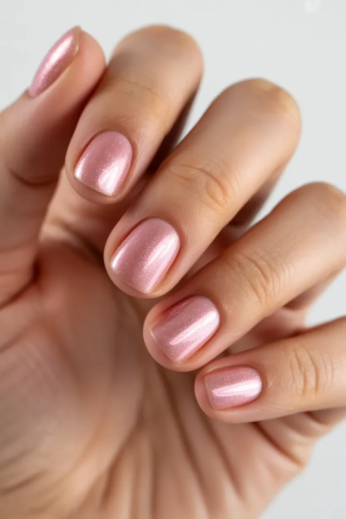 Short square nails with pink glitter polish