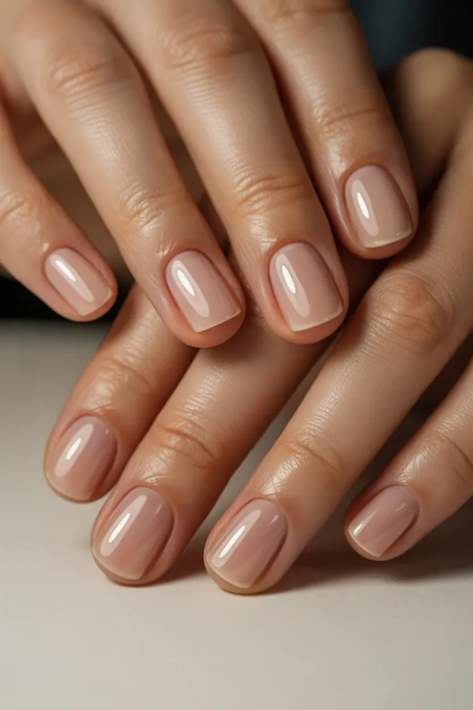 Short square nude nails, glossy finish