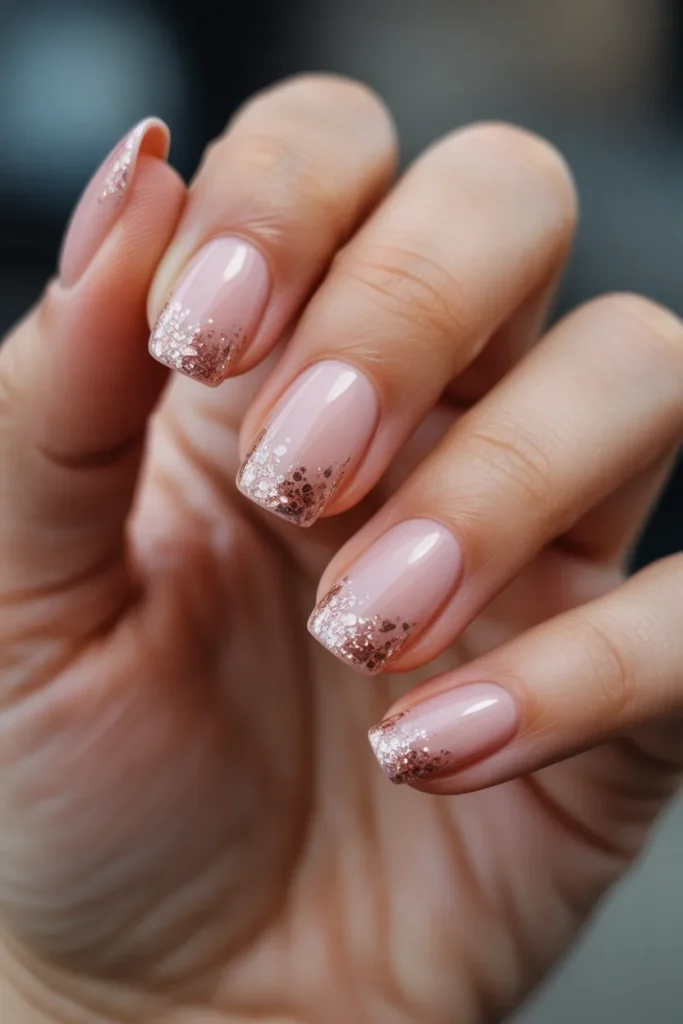 Soft blush pink nails with fine rose gold glitter fading from the tips