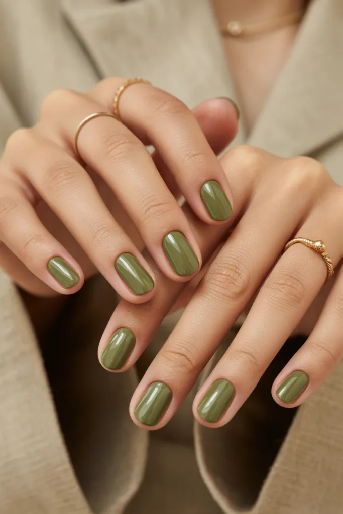 Soft olive green nails, earthy tone